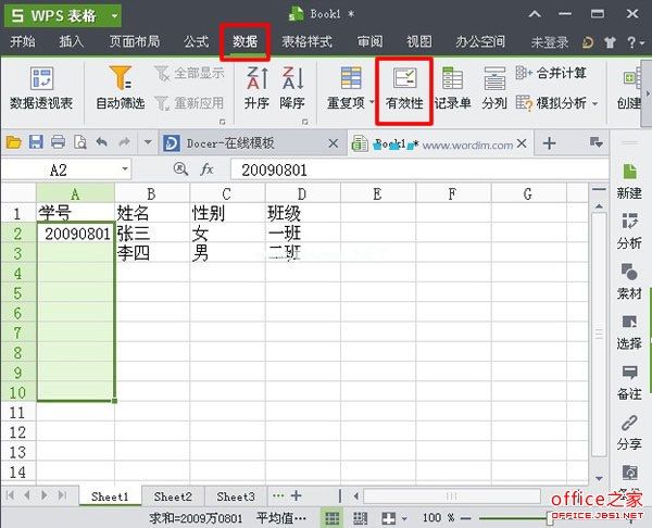 选择&ldquo;有效性&rdquo;命令