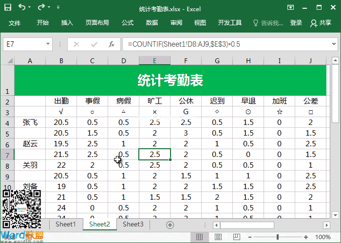 Excel利用统计函数COUNTIF   快速制作统计考勤表数据
