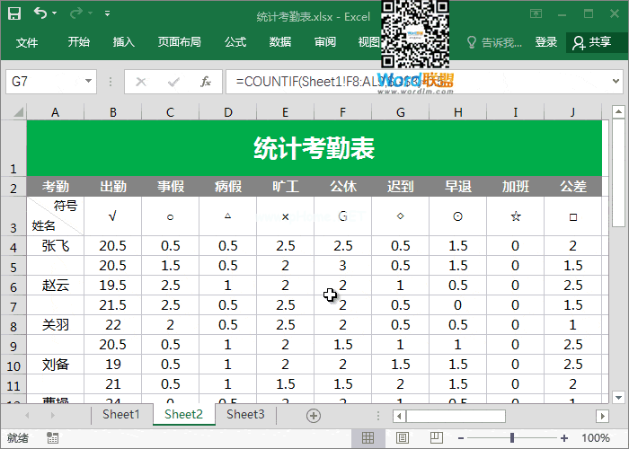 Excel利用统计函数COUNTIF   快速制作统计考勤表数据