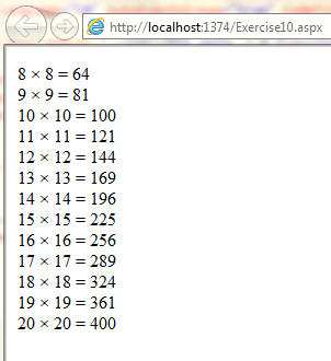 相同数字从1到20相乘的结果显示在ASP.NET中 如果该值小于50 将不会显示